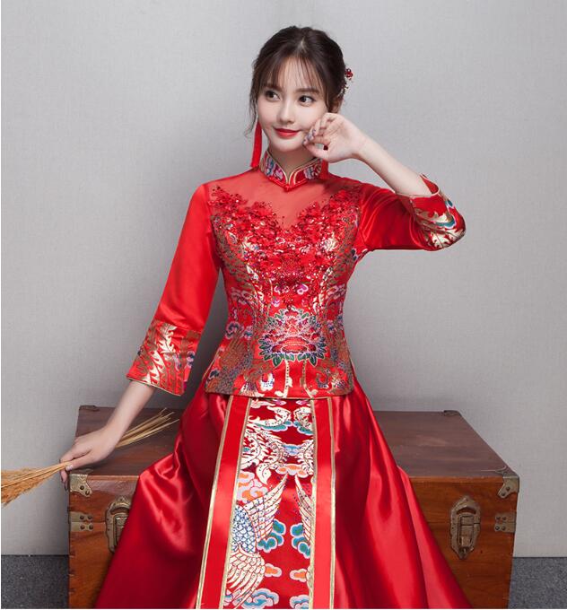 中式立領盤扣中國紅錦緞中式禮服