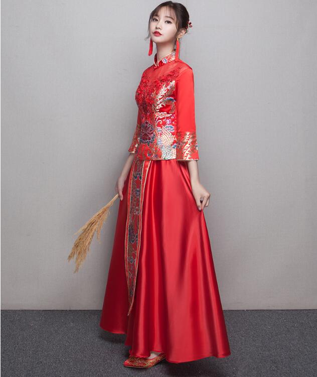 中式立領盤扣中國紅錦緞中式禮服