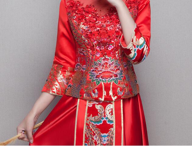 中式立領盤扣中國紅錦緞中式禮服