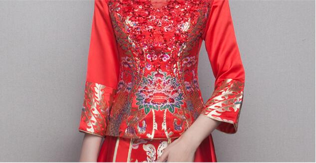 中式立領盤扣中國紅錦緞中式禮服