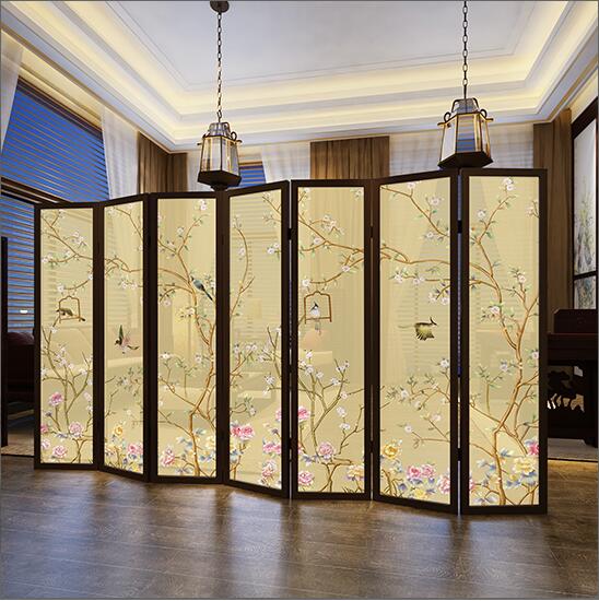 中式折疊屏風(fēng)實木半透花鳥屏風(fēng)圖片