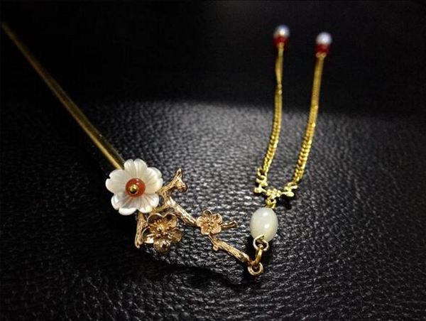 銅鍍金樹枝貝殼花古典家佳樂文學流蘇簡約簪