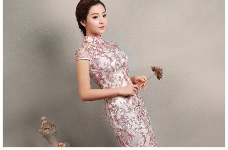 粉色繡花旗袍，蕾絲短款旗袍裙