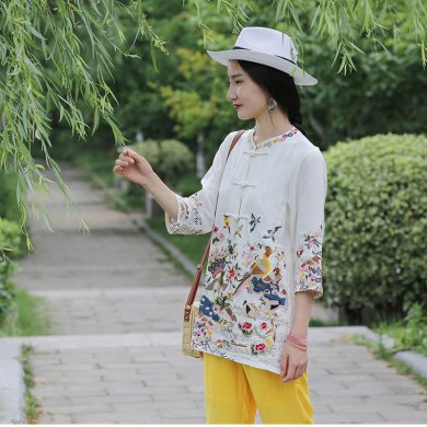 家佳樂文學(xué)亞麻刺繡復(fù)古唐裝圖片