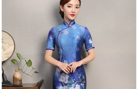 藍(lán)嬌印花旗袍，復(fù)古真絲旗袍裙