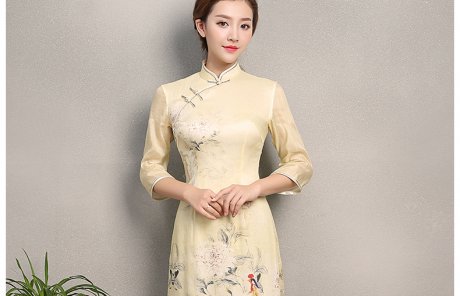淡黃色靈鳳旗袍，奧黛改良旗袍裙