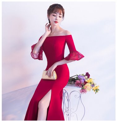 一字肩開叉中式禮服，甜美蕾絲袖口晚禮服