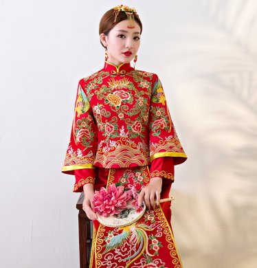 唯美家佳樂文學中式禮服，鳳牡丹刺繡新娘禮服