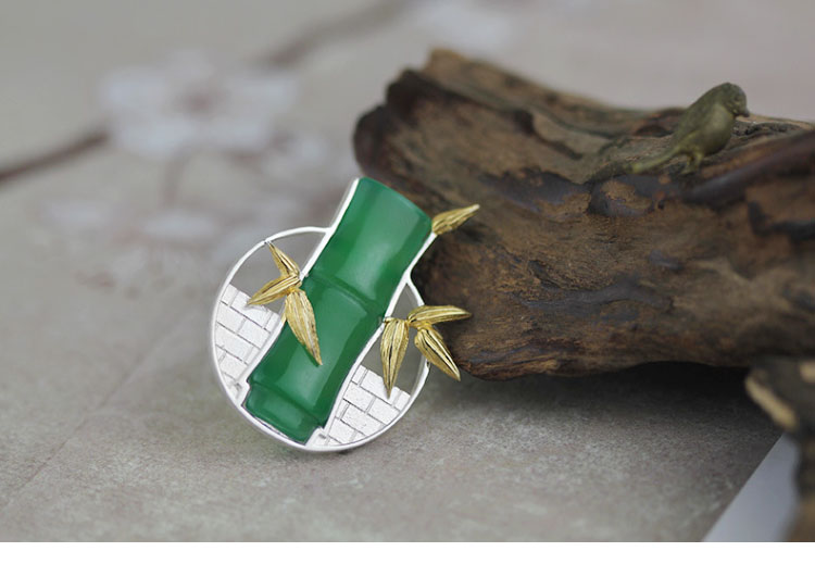 家佳樂文學(xué)古典鑲玉髓竹子純銀胸針