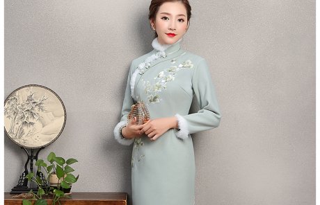 碧綠色繡花旗袍，素淡文藝旗袍裙