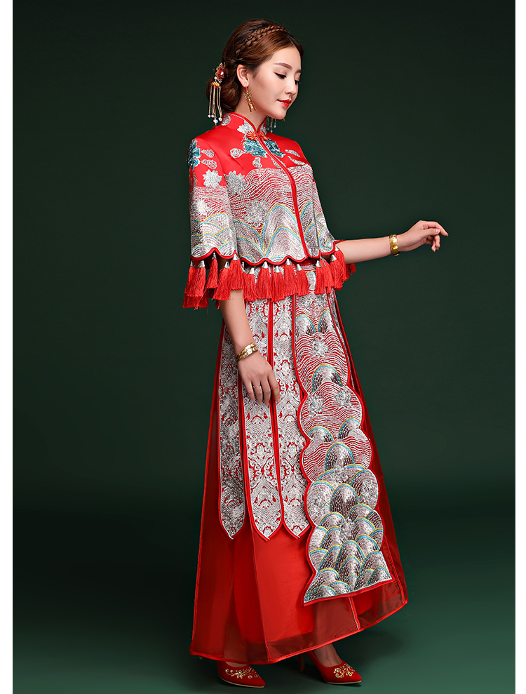 復古典雅中式禮服，袖波浪紋新娘結婚禮服