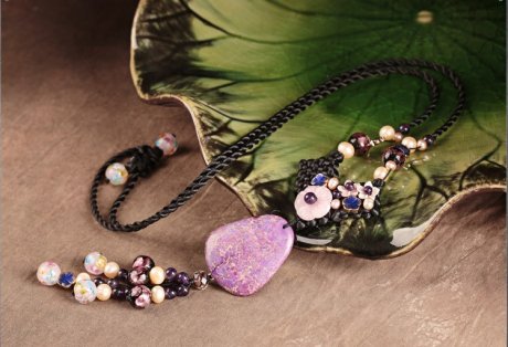 珍珠紫水晶石頭吊墜毛衣鏈，復(fù)古民族風(fēng)項鏈