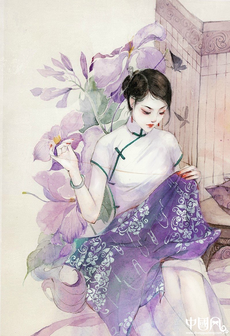 水彩旗袍女子圖集，超美插畫(huà)古風(fēng)圖片