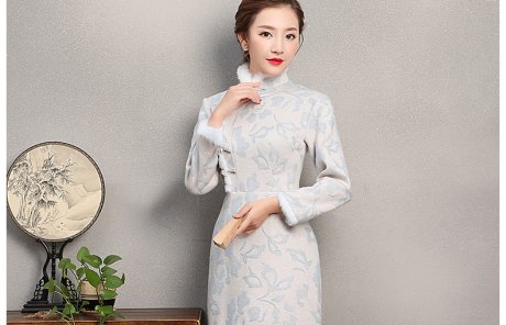 素凈淡雅旗袍，兔毛立領(lǐng)冬季旗袍裙