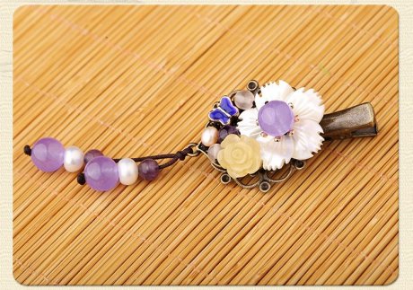 淡紫彩玉超仙發(fā)夾，古風(fēng)貝殼花朵頭飾