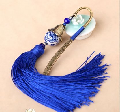 家佳樂文學手繪青花瓷古風藍色流蘇書簽