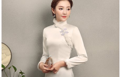 花雪牡丹印花旗袍，白色冬季旗袍裙