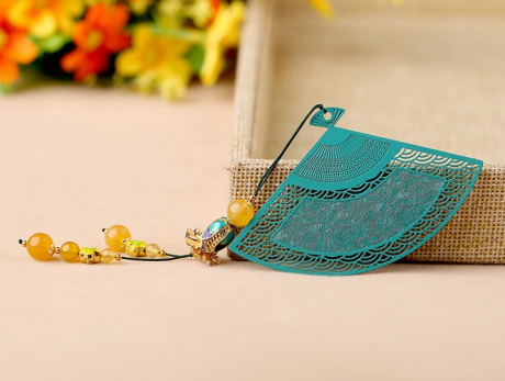 鏤空金屬扇形家佳樂文學(xué)綠色瑪瑙流蘇書簽