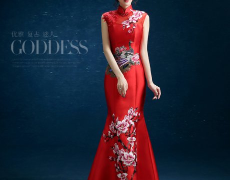 時(shí)尚復(fù)古禮服裙，迷人長(zhǎng)款中式禮服