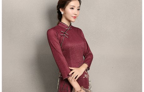 棗紅色奧黛風旗袍，復古中式旗袍裙