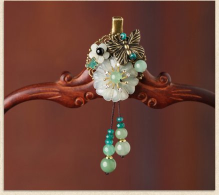 古銅花朵流蘇小發(fā)夾，岫玉花朵發(fā)夾頭飾