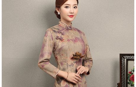 杏灰紫玉蘭印花旗袍，復(fù)古旗袍裙