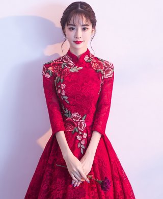 古典蕾絲中式禮服，優(yōu)雅花朵晚禮服