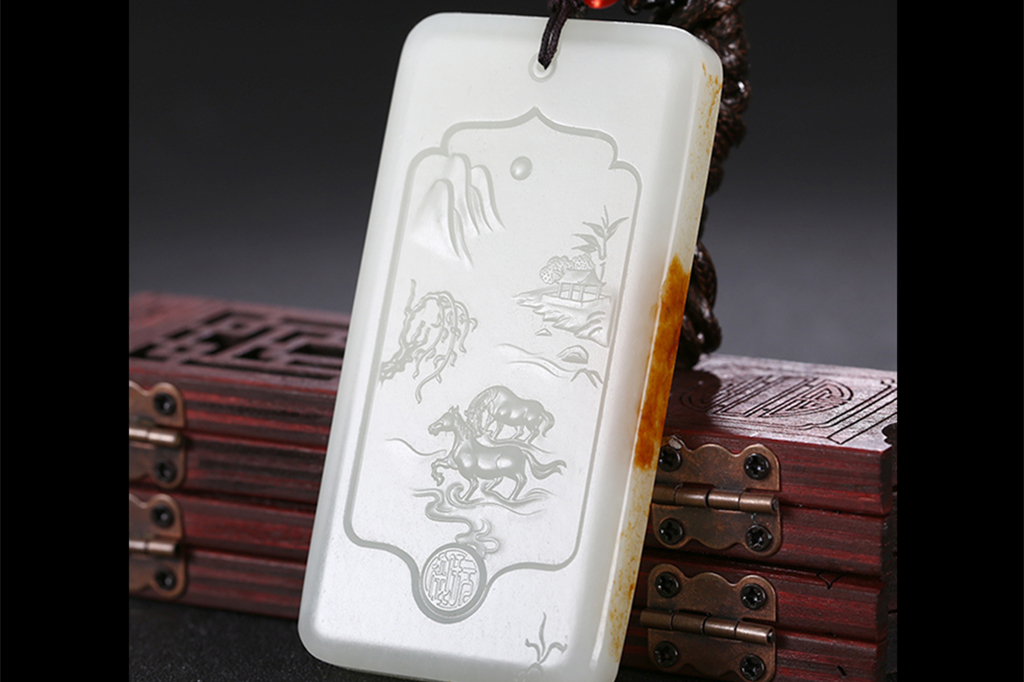 和田玉山水悠然自在掛件，白玉項鏈玉石。