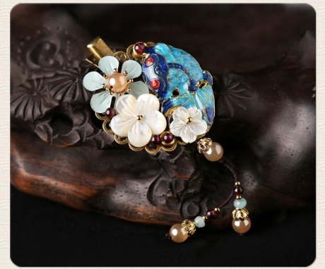 貝殼花朵流蘇小發(fā)夾，古風(fēng)藍魚兒發(fā)夾頭飾