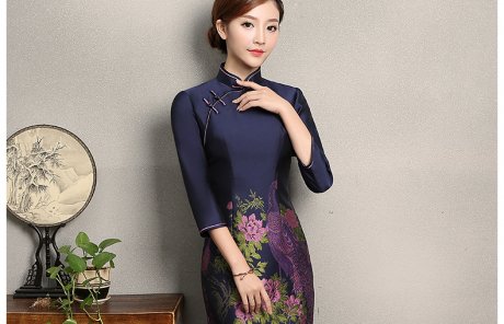 寶藍(lán)色孔雀提花旗袍，復(fù)古中式旗袍裙