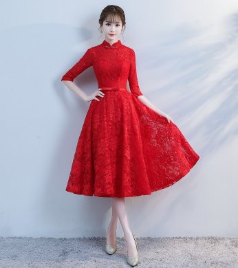 復古立領中式禮服，蕾絲中袖晚禮服