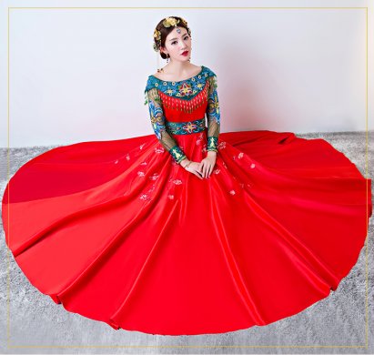 時尚一字肩中式禮服，復(fù)古家佳樂文學(xué)新娘禮服