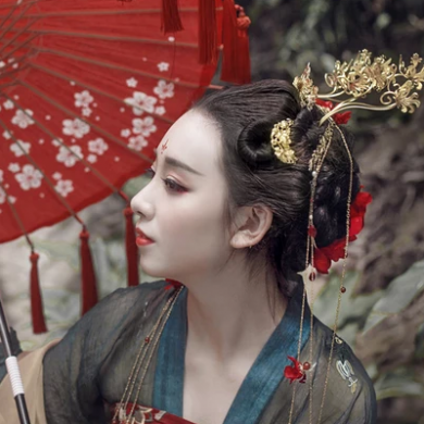 嬌艷紅裙帶紅傘頭像，唯美古風女子頭像