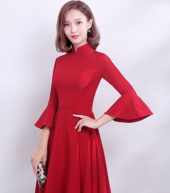 復(fù)古荷葉袖口中式禮服，簡約時尚晚禮服