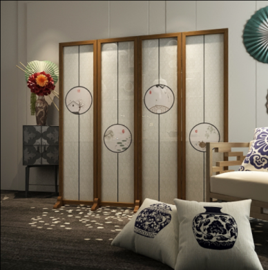 新中式隔斷折屏，玄關(guān)半透紗折疊雙面屏風(fēng)