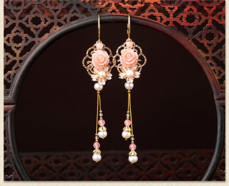 古風(fēng)唯美花朵耳墜耳環(huán)，氣質(zhì)超仙少女粉耳環(huán)