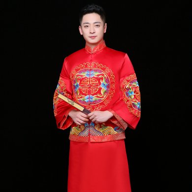秀禾服男裝中式禮服，紅色雙喜新郎禮服
