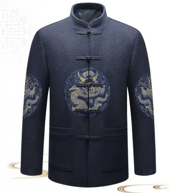 家佳樂文學(xué)羊毛呢男裝金龍刺繡中山裝
