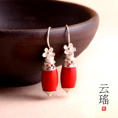 云瑤紅珊瑚耳墜耳環(huán)，本命年民族風(fēng)首飾