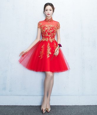 蕾絲復(fù)古立領(lǐng)中式禮服，時(shí)尚優(yōu)雅網(wǎng)紗晚禮服