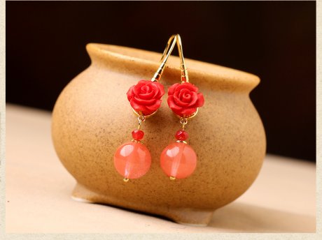 鮮紅玫瑰花耳環(huán)，精致古風氣質(zhì)甜美耳環(huán)首飾