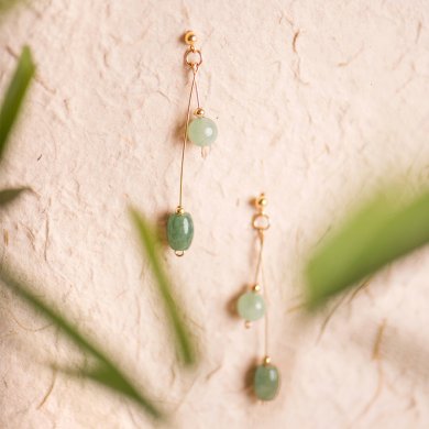 清新微雨耳環(huán)，天然冰種翡翠9K金珠耳釘首飾