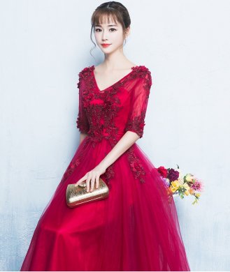 精美V領(lǐng)中式禮服，氣質(zhì)長裙晚禮服
