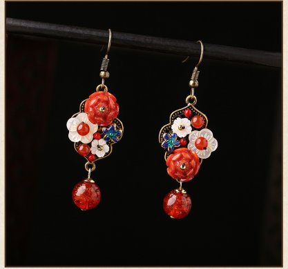 紅色民族風耳環(huán)，復古長款喜慶古風吊墜耳環(huán)