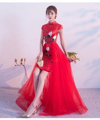 家佳樂文學(xué)紅色蕾絲中式禮服，時(shí)尚古典仙鶴晚禮服