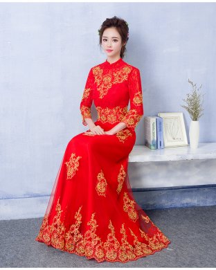家佳樂文學(xué)蕾絲刺繡中式禮服，紅色復(fù)古新娘晚禮服