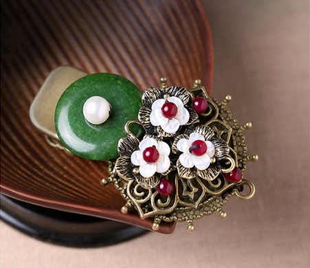 時尚家佳樂文學(xué)頭飾，復(fù)古民族風(fēng)綠彩玉扣發(fā)夾