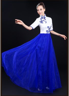 青花瓷民樂(lè)服合唱服長(zhǎng)裙，中山裝演出服