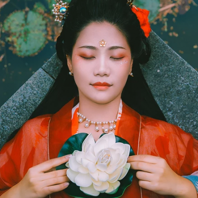 蓮池邊帶紅傘紅衣女生頭像，唯美古風(fēng)真人頭像