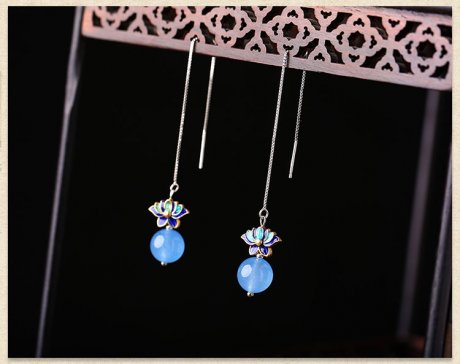 藍色蓮花景泰藍氣質(zhì)耳環(huán)，小清新長款耳墜首飾